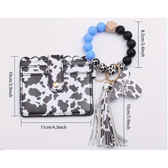 Cow Print with Pink Silicone Beaded ‎ Tassel Keychain Wallet Wristlet NEW - Picture 2 of 3